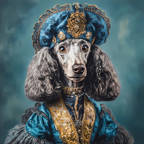 Poodle in in a royal-like attire, richly detailed with shades of blue and gold P