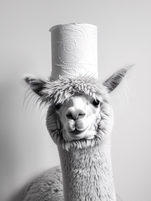 Alpaca with Toilet Paper on Head-1-3by4 Poster Canvas Funny Annimals Pritnt A0 A