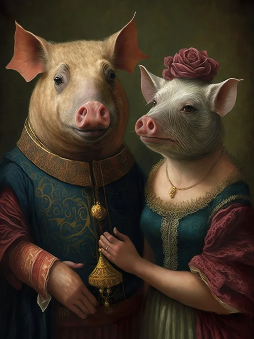 Aristocratic Pig Couple-2--3by4 Poster Canvas Funny Annimals Pritnt A0 A1 A2 A3