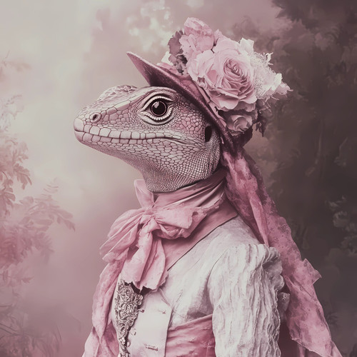 Lady Lizard with a blend of pink floral accessories, a decorative hat, and a mat