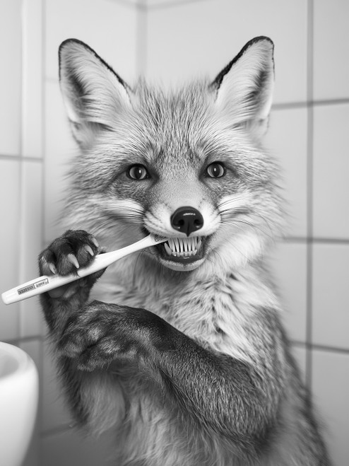 FoxBrushingTeeth-3by4 Poster Canvas Funny Annimals Pritnt A0 A1 A2 A3 A4 A5 A6