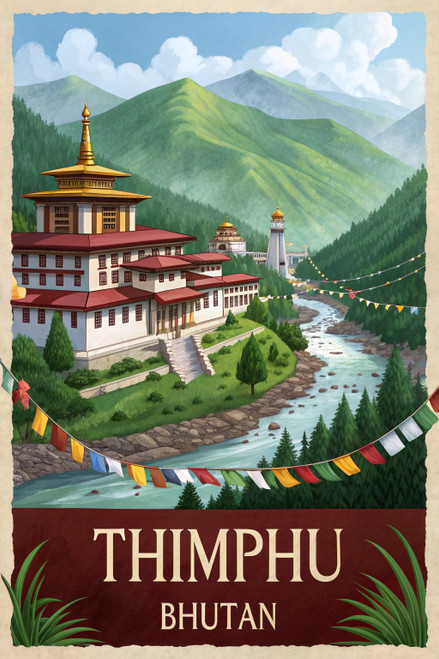 Majestic Thimphu Bhutan Travel Poster - Vibrant Cityscape Art Print Poster Movie Majestic Thimphu Bhutan Travel Poster - Vibrant Cityscape Art Print Poster Movie