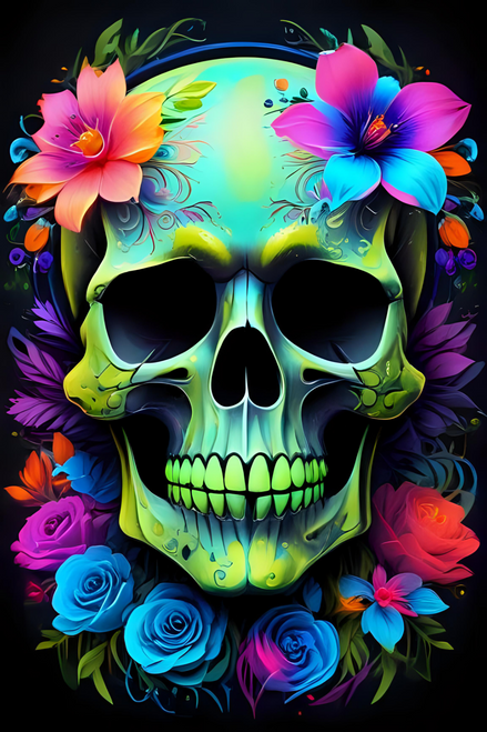 Neon painted Skuls in Flowers abstract painting print (1) Poster Canvas Movie Fi