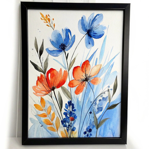 Blue and Red Floral Elegance Print Contemporary Watercolour Flower Art Print (2)