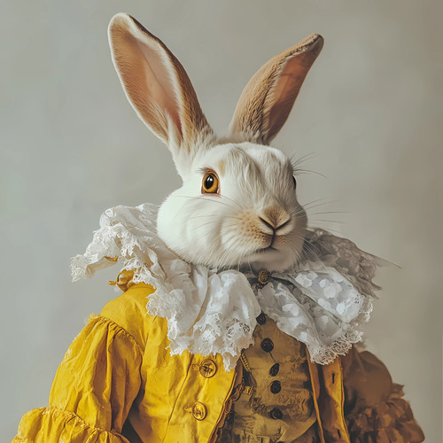 Mr. rabbit in a detailed, ornate outfit with a yellow jacket and a ruffled lace