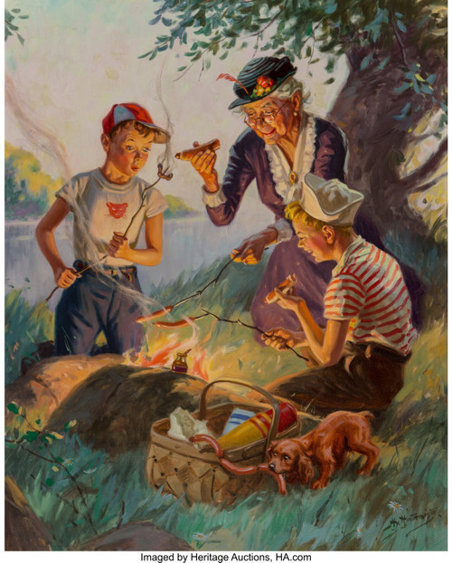 Hy (Henry) Hintermeister (American, 1897-1972). Grandma at the Weenie Roast. Oil