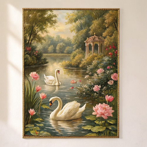 Swans swimming cottagecore romantic art print - whimsical nature peaceful art pr