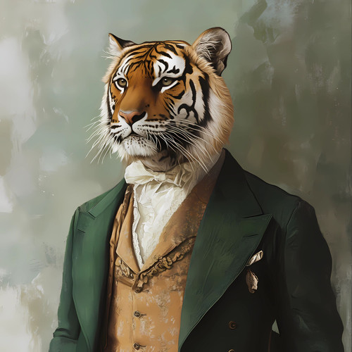 Gentelman Tiger in a Victorian-inspired green jacket with a brown vest. Poster C