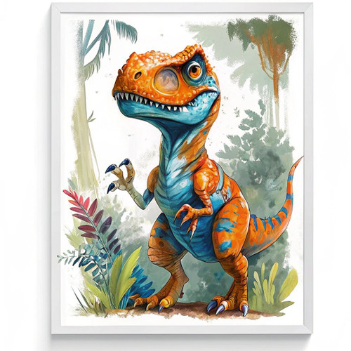 Colourful T-Rex Art Print Nursery Wall Art Framed T-Rex Dinosaur Animal Print (1