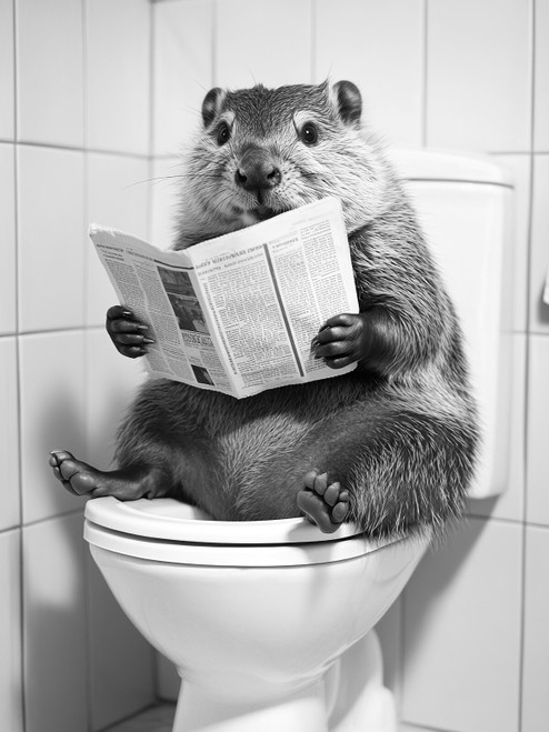 BeaverOnToilet-BlackAndWhite-3by4 Poster Canvas Funny Annimals Pritnt A0 A1 A2 A