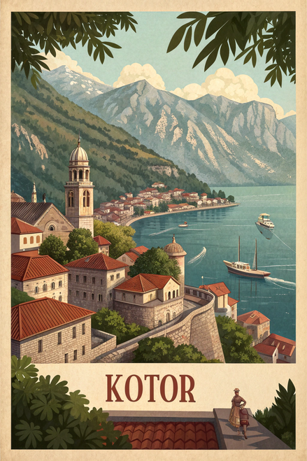 Kotor Montenegro Vintage Travel Poster - Majestic Mountain & Bay Art Print Poste