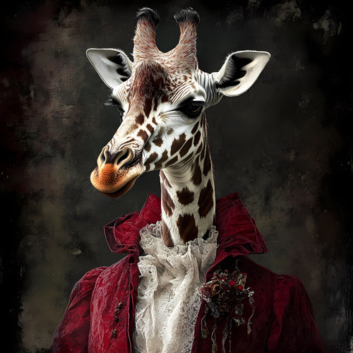 Gentelman Giraffe with a red velvet jacket and a lace-like shirt, giving it a u Gentelman Giraffe with a red velvet jacket and a lace-like shirt, giving it a u