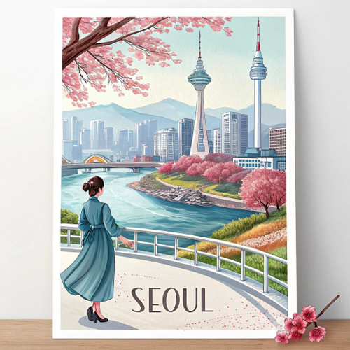 Captivating Seoul Cityscape Travel Poster - Modern Hanbok & N Tower Art Print Po
