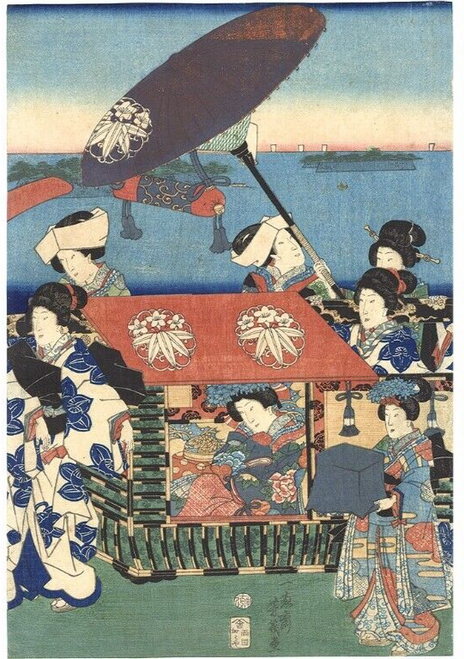 Japanese Woodblock Print Yoshiiku Procession Original Woodcut Triptych p2 Poster