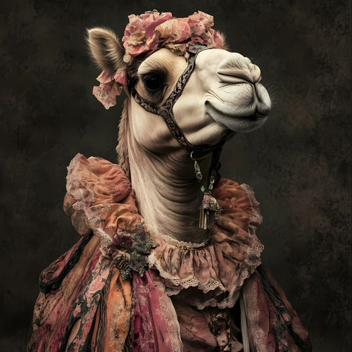 Lady Camel with a unique and ornate outfit, featuring a headpiece with a floral