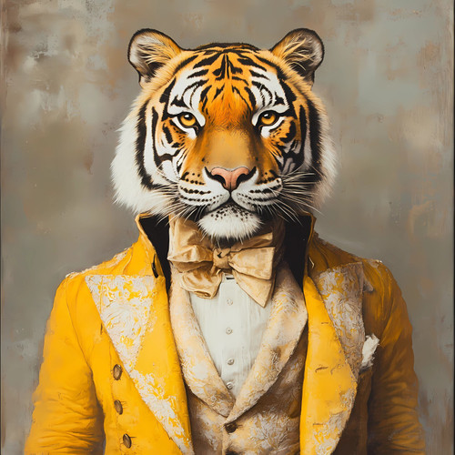 Gentelman Tiger with a formal yellow jacket, detailed with intricate designs and