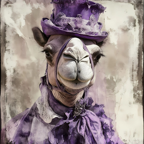 Lady Camel with a lavish outfit featuring a lavender-colored top hat and decorat