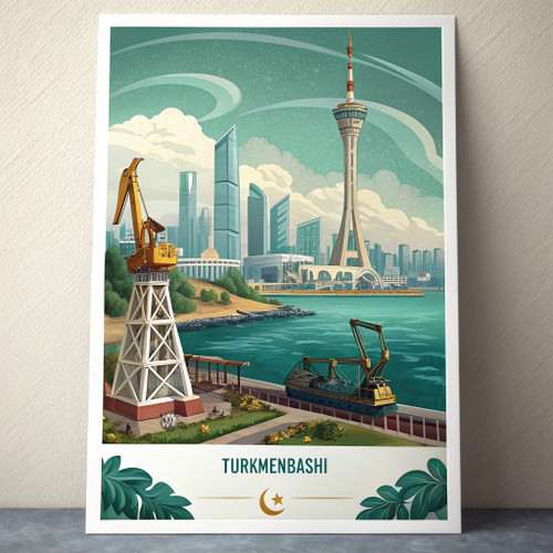 Captivating Turkmenbashi Travel Poster - Caspian Sea and Oil Rigs Wall Art Poste
