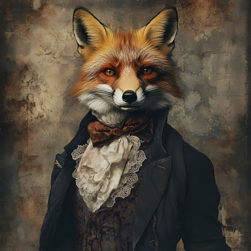Gentelman Fox with a dark, ornate jacket, a lace-like cravat, and a bow-tie. Art