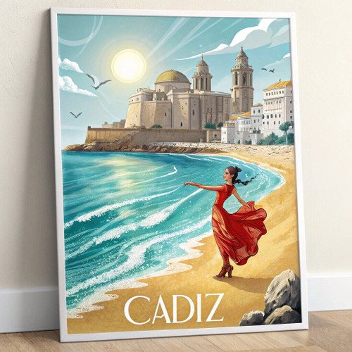 Captivating Cadiz Spain Travel Poster - Vibrant Flamenco and Beach Art Print Pos