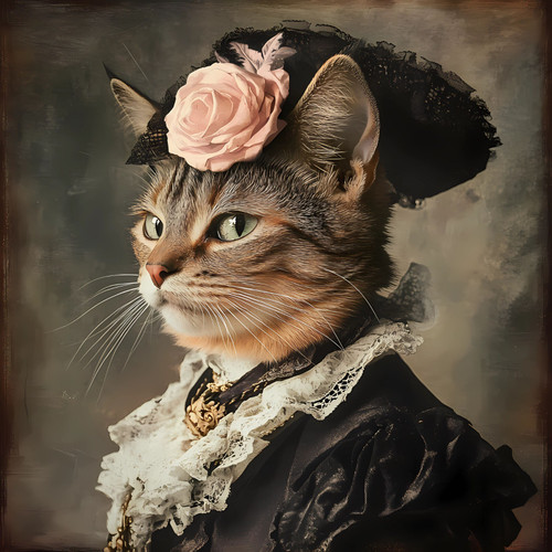 Lady Cat in Floral Hat and a tabby coat Art Gallery Poster Canvas Print Wall De