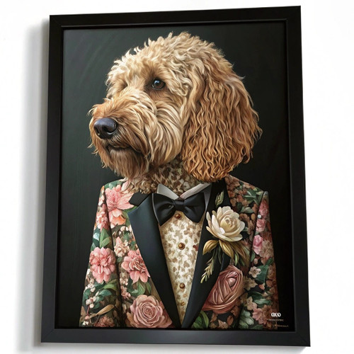 Elegant Golden Doodle in Floral Suit - Sophisticated Dog Portrait Art Print (1)