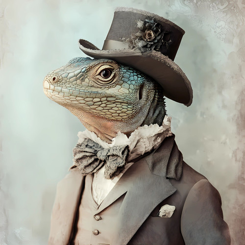 Lord Lizard with a top hat featuring a flower decoration and a formal outfit, in
