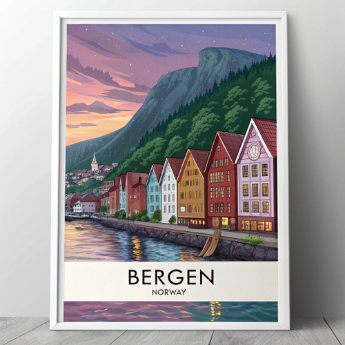 Breathtaking Bergen Norway Travel Poster - Harbor View Art Print Poster Canvas M