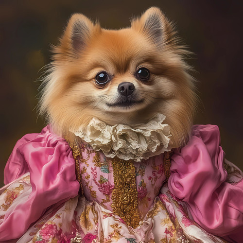 Regal Pomeranian dog adorned in a luxurious pink and gold garment. Poster Canvas