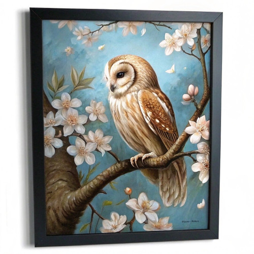 Barn Owl On A Branch Art Print Owl Wall Art Owl Gift White Flowers Owl Print Pos