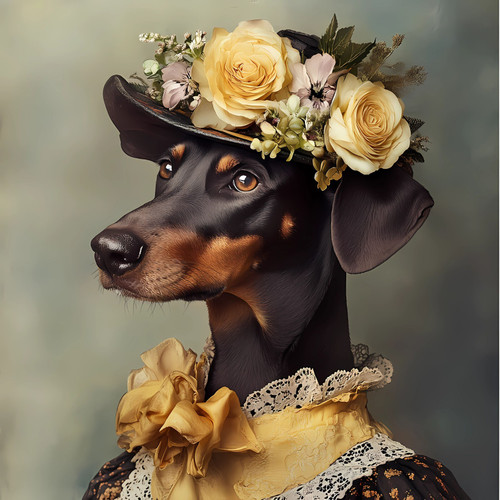 Lady doberman in a rich, earthy brown coat and is adorned with a floral headpiec