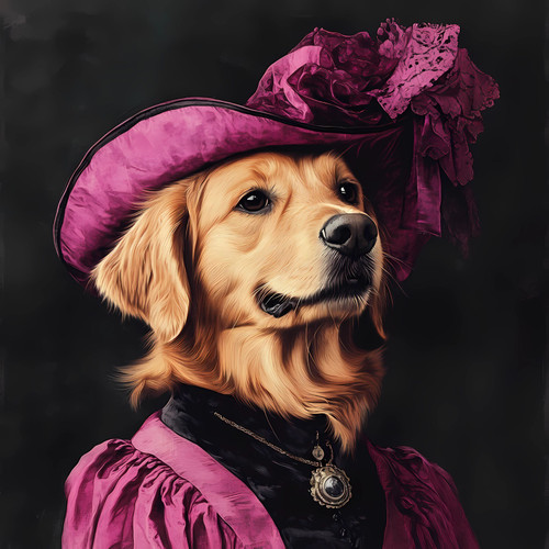golden retriever with a pink, ornate hat featuring a large, ruffled layered desi