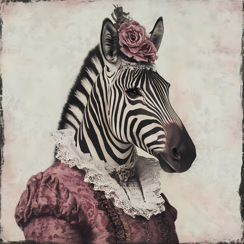 Lady Zebra in a unique, whimsical outfit with a vintage-inspired, ruffled lace b