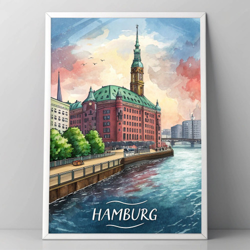 Hamburg Germany Vibrant Travel Poster - Landmarks & Harbor Watercolor Print Art
