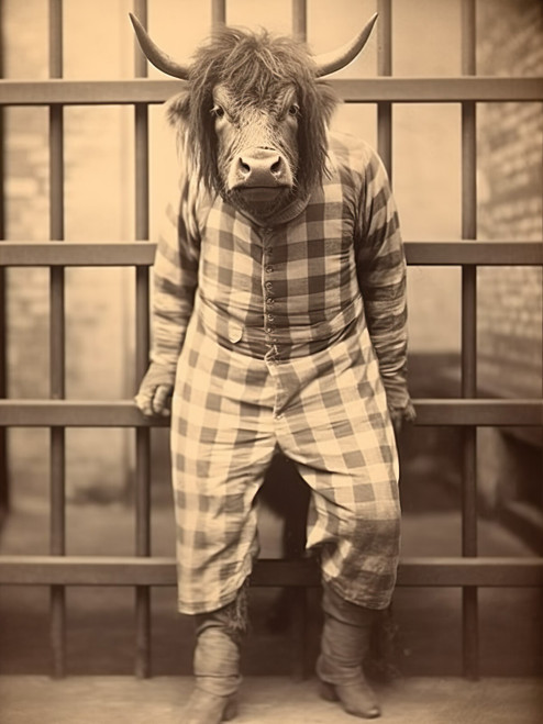 Highland Cow in Prison-1--3by4 Poster Canvas Funny Annimals Pritnt A0 A1 A2 A3 A