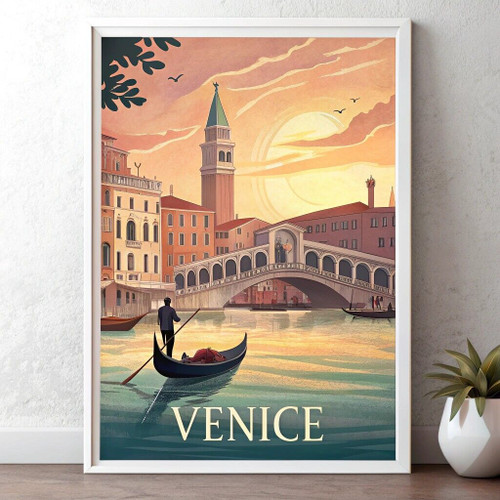Dreamy Venice Cityscape- Gondola Ride and Watercolor Sunset Art Print Poster Can