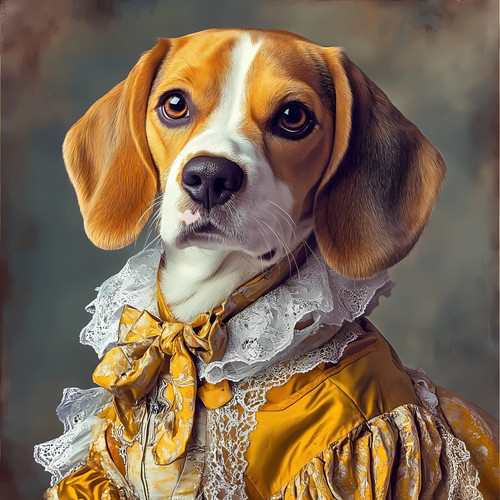 Beagle with a golden outfit, featuring a lace-like ruffled collar and a bow tie,