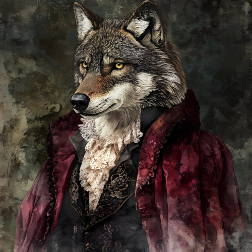 Regal Wolf in a detailed outfit with a rich, maroon-colored robe, a lace-like co