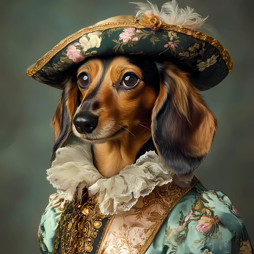 dachshund in a fancy outfit with a ruffled collar, a green and gold outfit featu