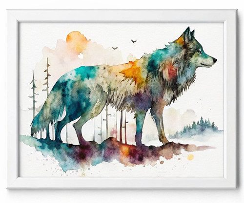 Wolf Silhouette Watercolour Wolf Art Print Animal Nature Home Decor Wolf Print (