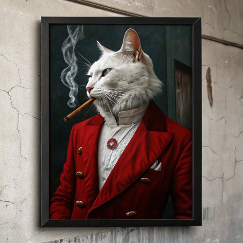 Vintage White Cat In A Suit Animal Wall Art Print Cat Poster Art White Cat Print