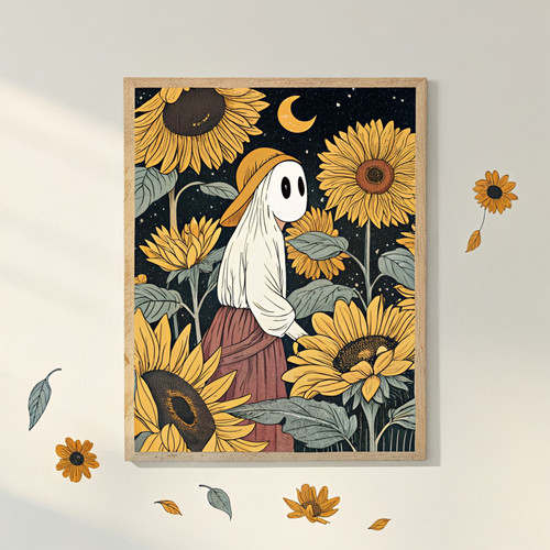 Ghost standing in a sunflower field art print - dark academia spooky cottagecore