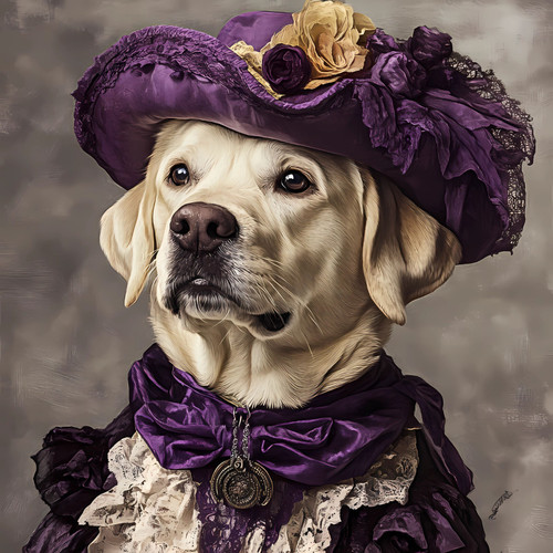 Lady Labrador with a lavishly decorated purple hat adorned with a large, golden