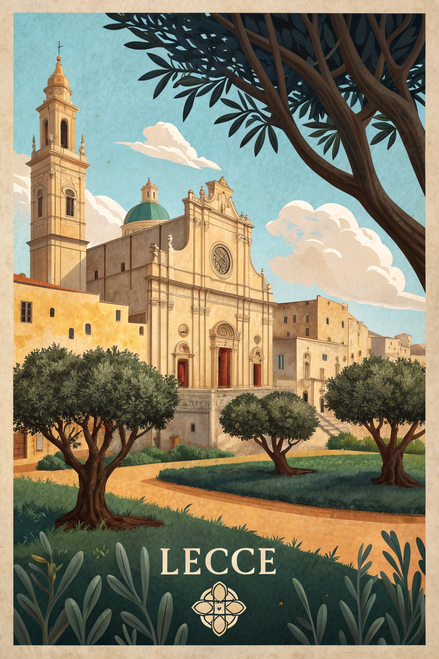 Lecce Italy Travel Poster - Baroque Architecture and Olive Groves Art Print Post