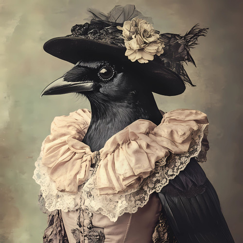 Lady Bird with a distinctive appearance, adorned with a vintage-style outfit and