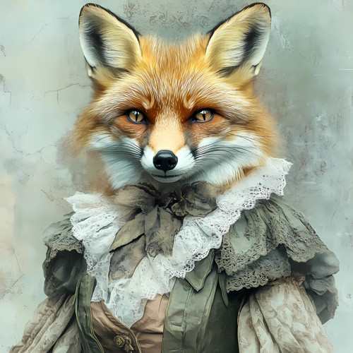 Lady Fox in a garment with a lace-like fabric and a vintage-inspired design. The