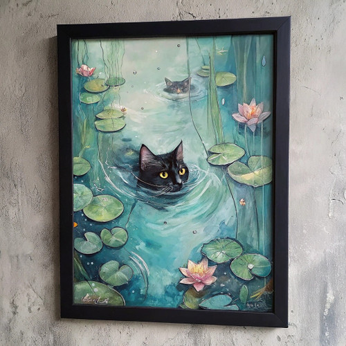 Black Cat Art Print Lily Pond Wall Art Poster Print Cat Picture Cat Gift Idea (2