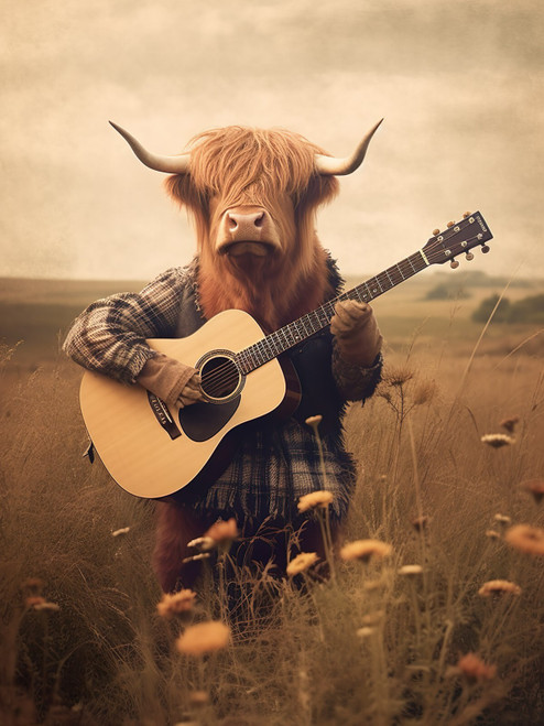 Highland Cow Playing Guitar-1--3by4 Poster Canvas Funny Annimals Pritnt A0 A1 A2