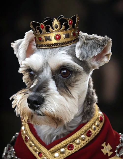 white and gray dog with a distinctive coat, wearing a royal outfit (1) Poster Ca