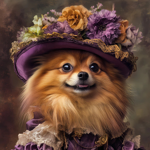Regal Pomeranian with a lavishly decorated purple hat, featuring a variety of fl
